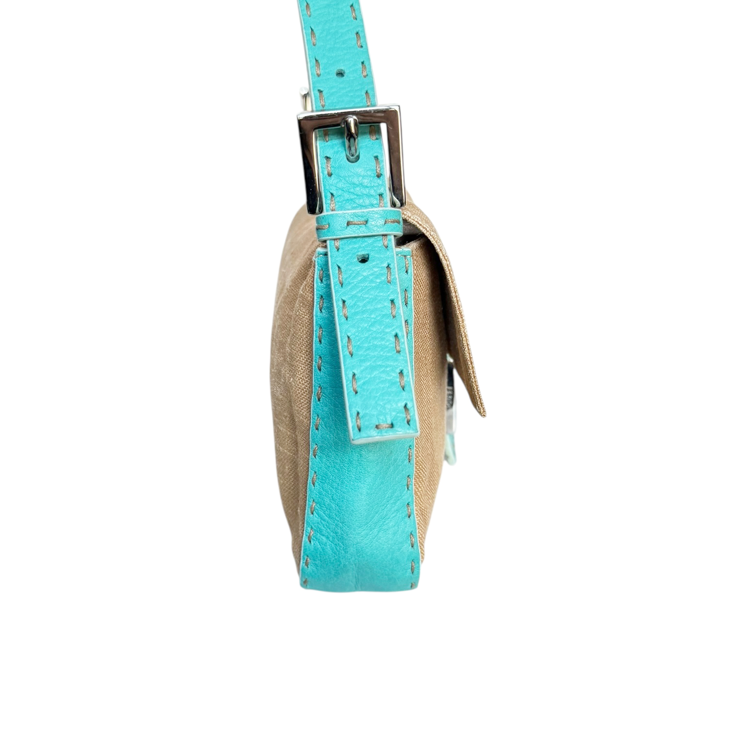 Fendi Seleria Linen Leather Shoulder Baguette Bag in Beige / Turquoise Blue - Image 3