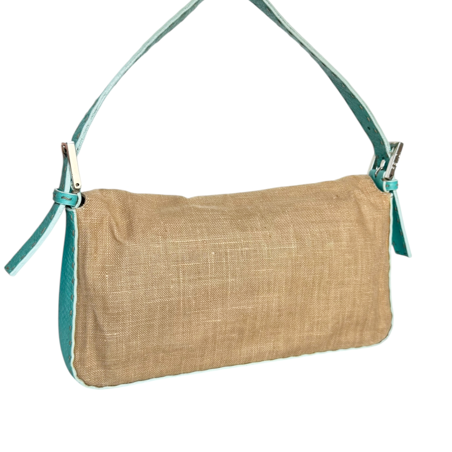 Fendi Seleria Linen Leather Shoulder Baguette Bag in Beige / Turquoise Blue - Image 4
