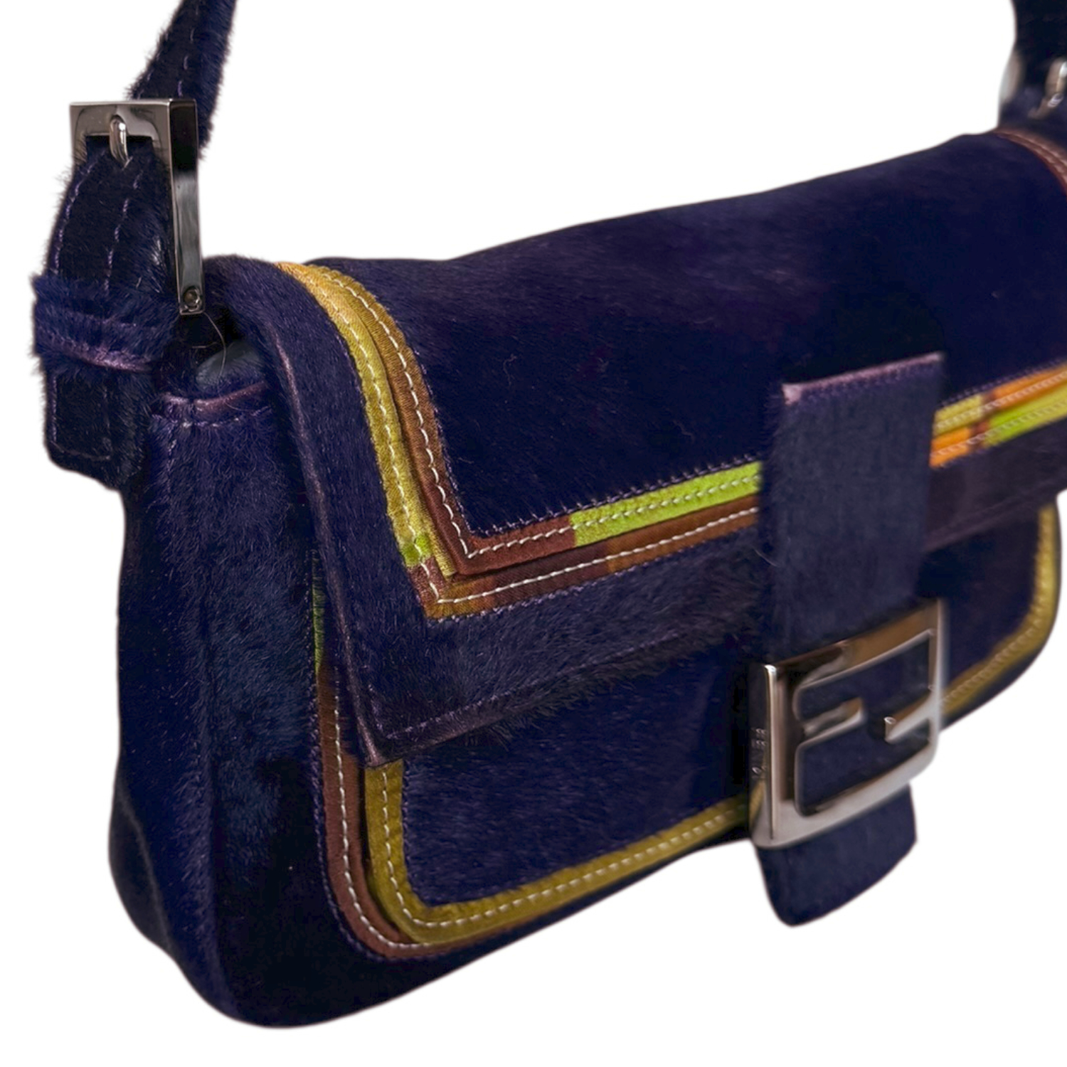 Fendi Calfskin Multicolour Trim Shoulder Baguette Bag in Purple / Silver - Image 5