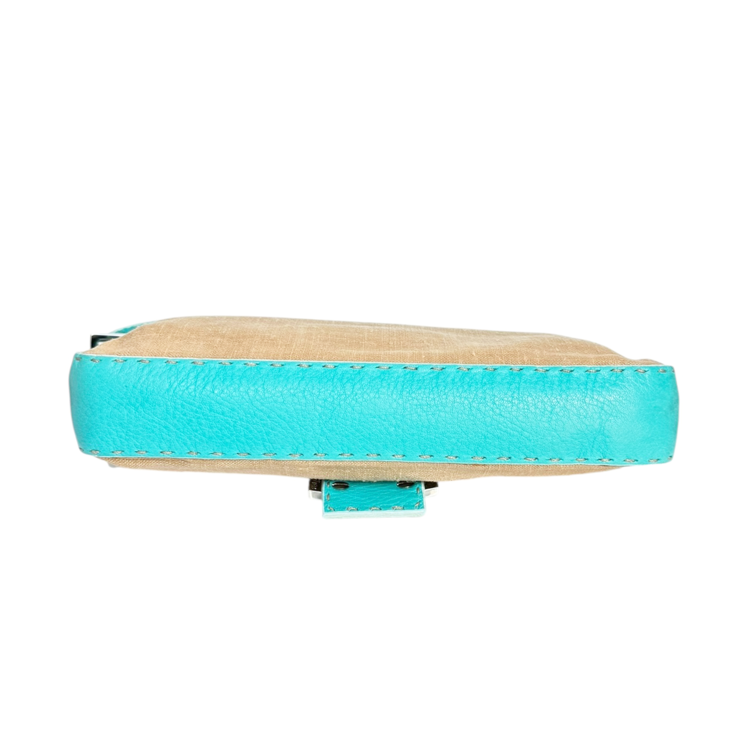 Fendi Seleria Linen Leather Shoulder Baguette Bag in Beige / Turquoise Blue - Image 5
