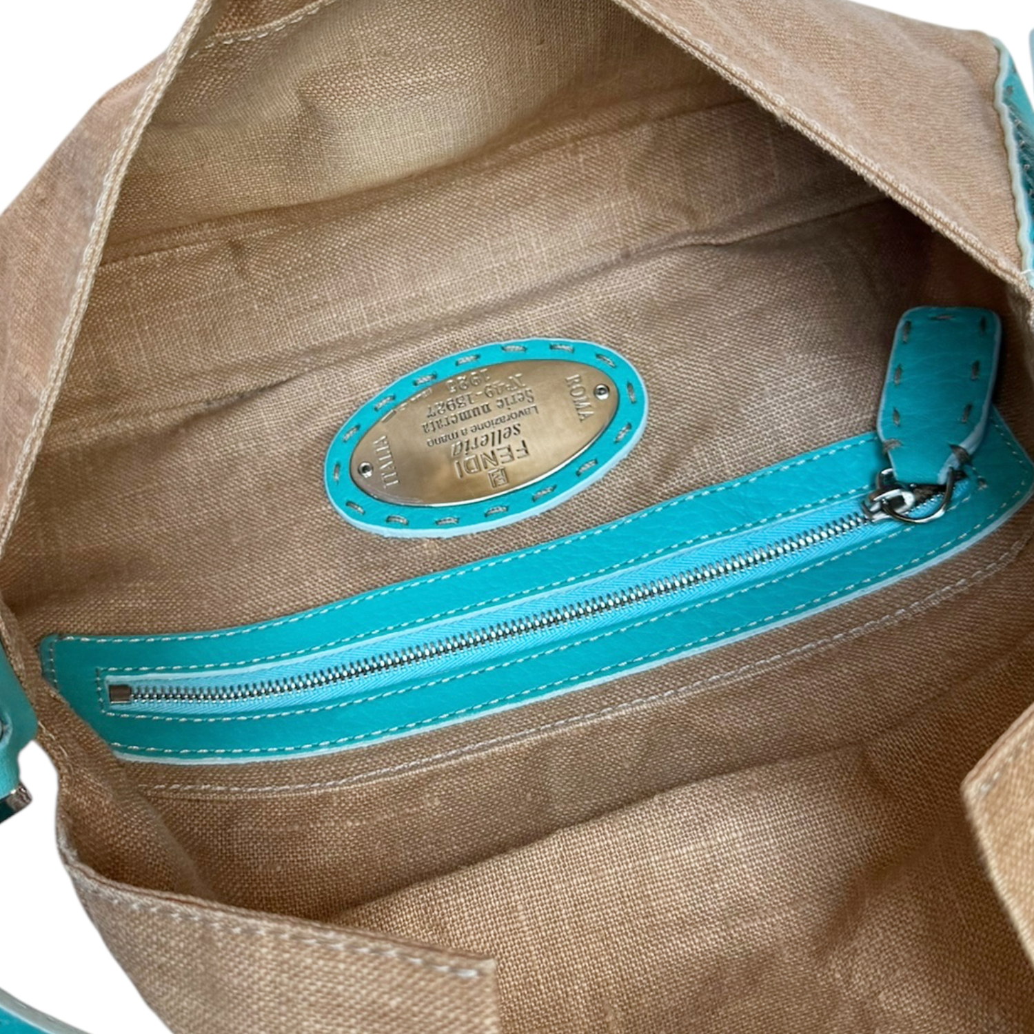 Fendi Seleria Linen Leather Shoulder Baguette Bag in Beige / Turquoise Blue - Image 6