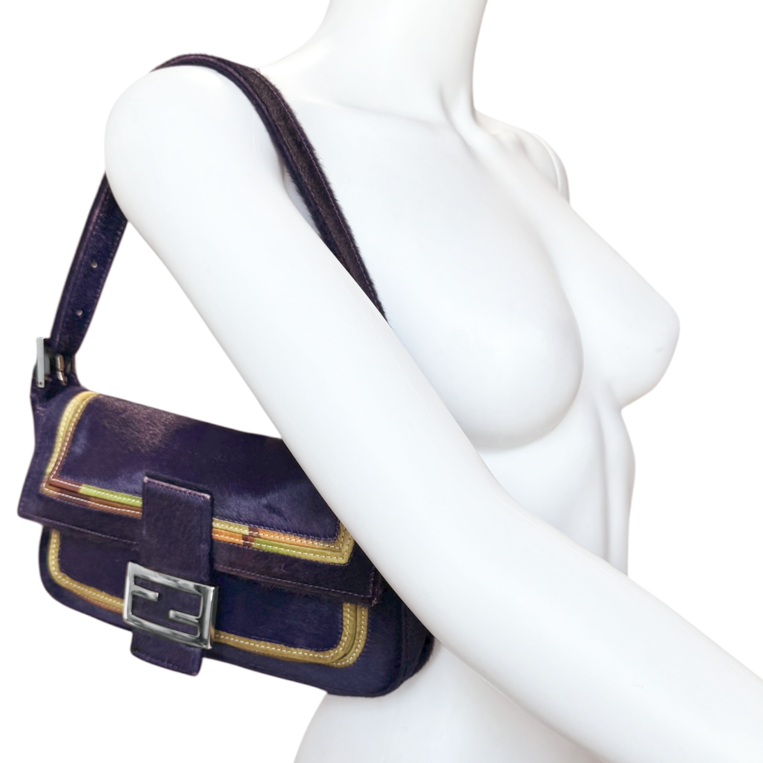 Fendi Calfskin Multicolour Trim Shoulder Baguette Bag in Purple / Silver - Image 9