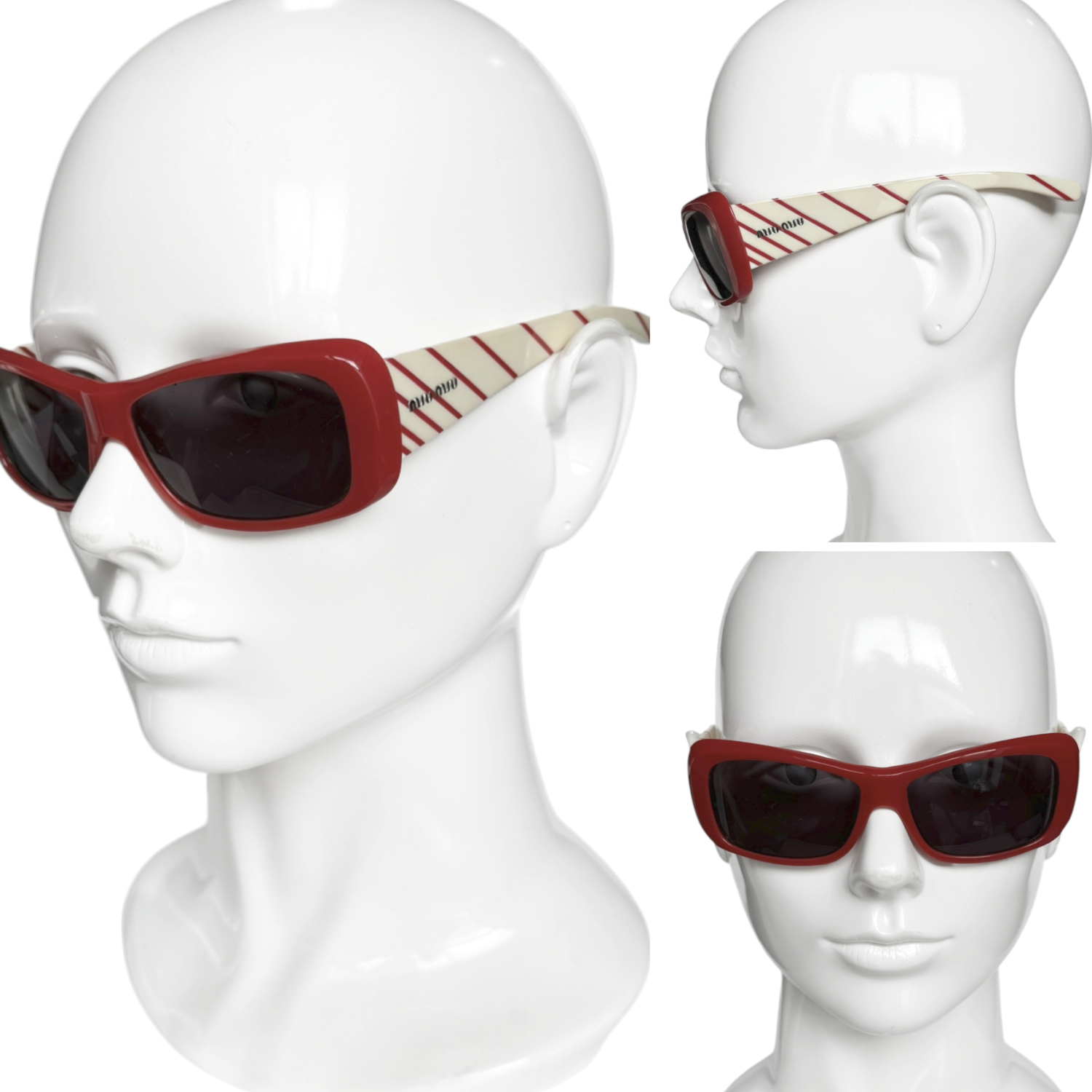 Miu Miu Logo Stripe Sunglasses in Red / Cream - Image 4