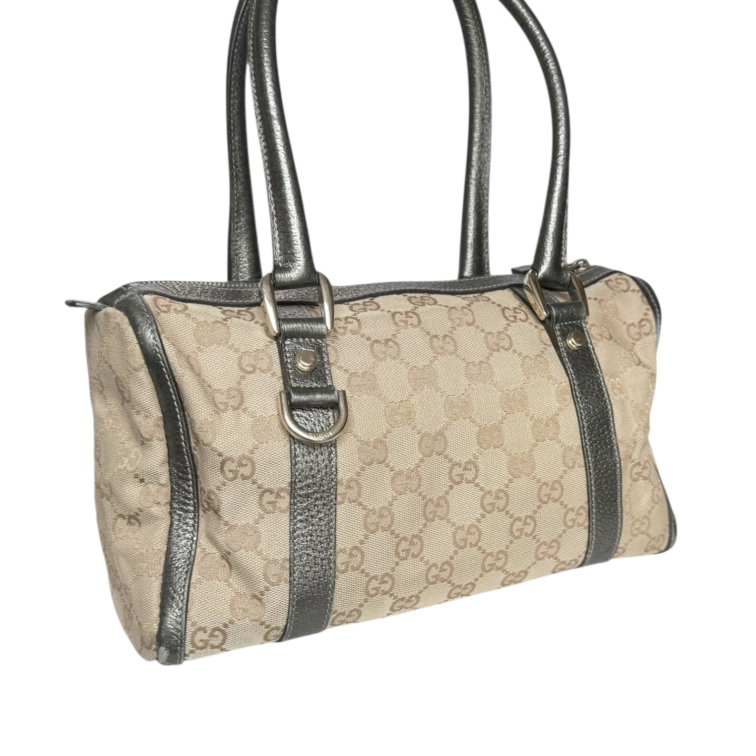 Gucci Monogram Shoulder Boston Bag in Beige / Metallic Pewter / Gold - Image 4