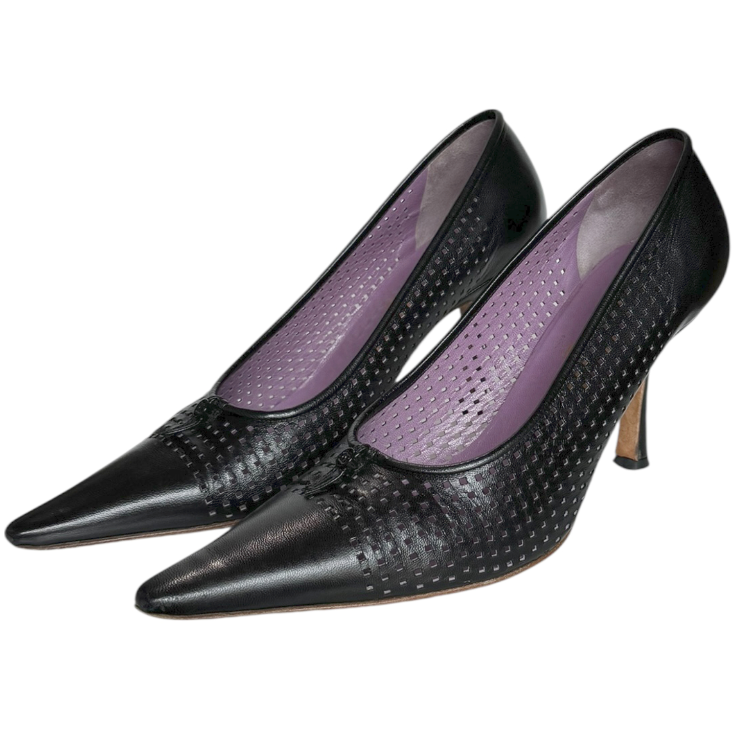 Vintage Chanel Logo Perforated Heels in Black UK 4 | NITRYL
