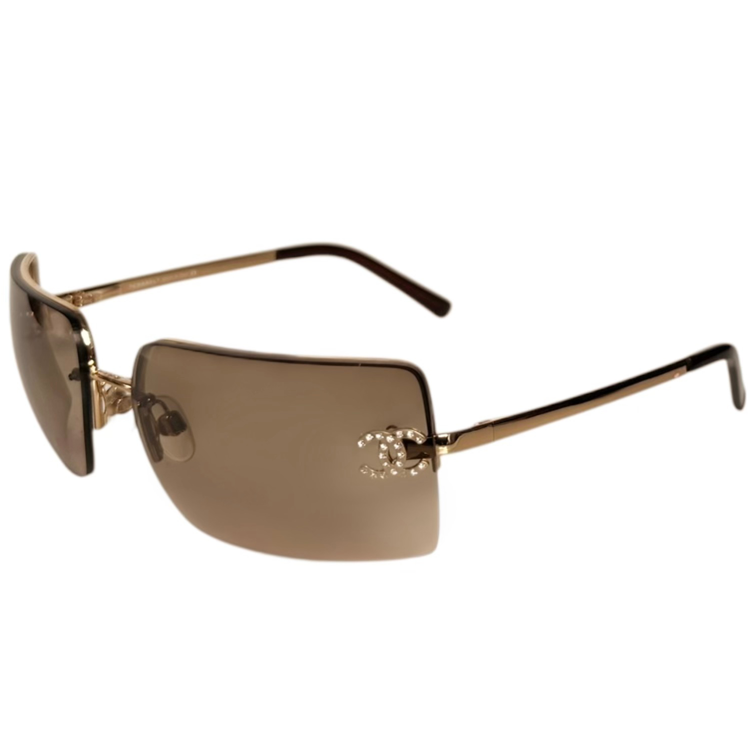 Vintage Chanel Diamante Logo Rimless Sunglasses in Brown / Gold | NITRYL