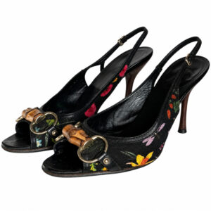 Vintage Gucci Horsebit Floral Peep Toe Slingback Heels in Black / Gold UK 4.5 | NITRYL