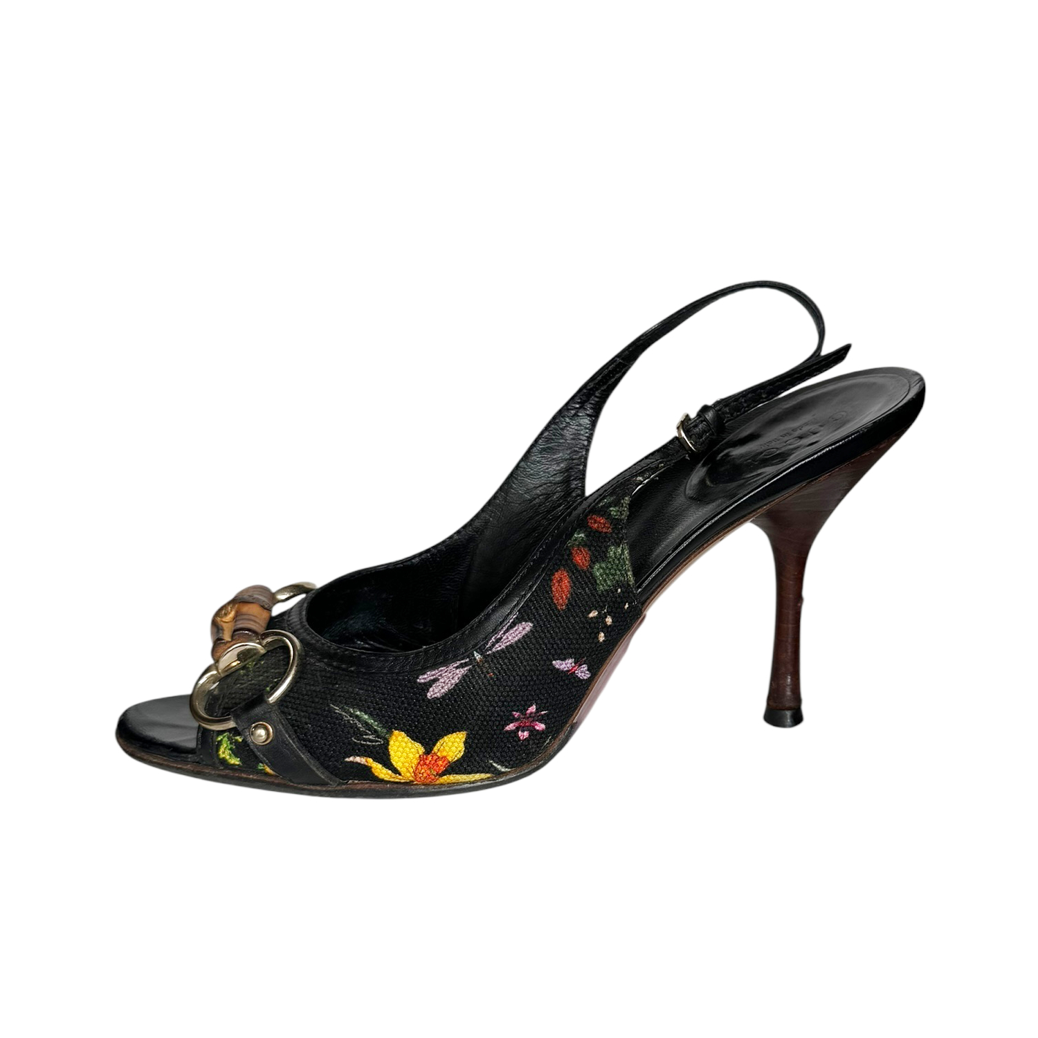 Gucci Horsebit Floral Peep Toe Slingback Heels in Black / Gold UK 4.5 - Image 2