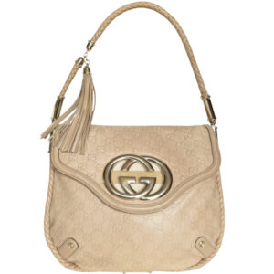 Vintage Gucci GG Monogram Leather Tassel Shoulder Bag in Beige - Tan / Gold | NITRYL