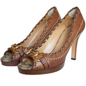 Vintage Vintage Gucci Horsebit Peep Toe Platform Heels in Tan / Gold UK 6 | NITRYL